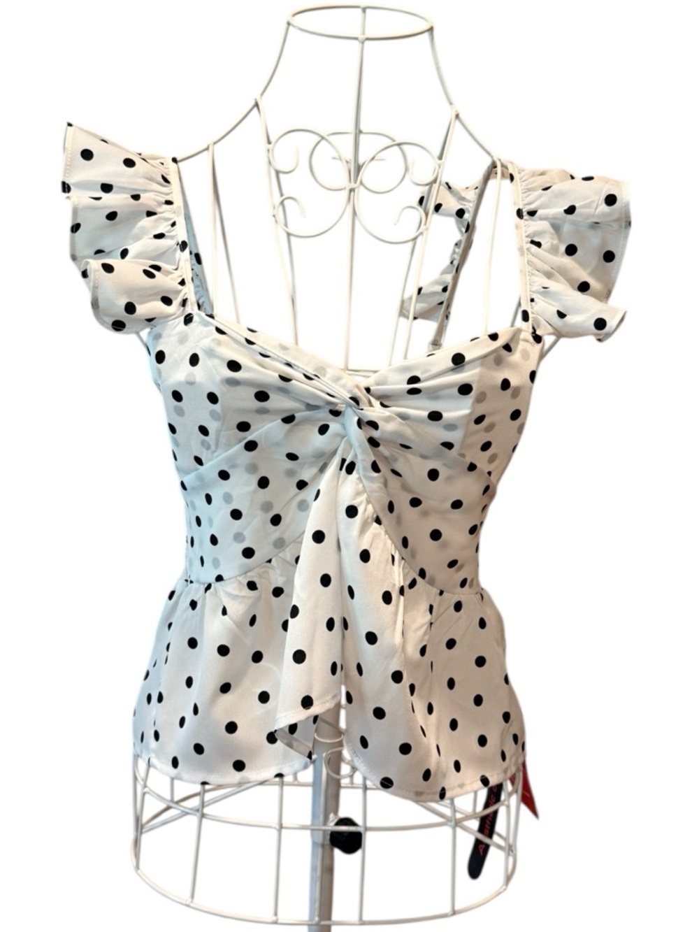 White Black Polka Dot Ruffle Sleeve Smocked Twist Front Top Small NWT